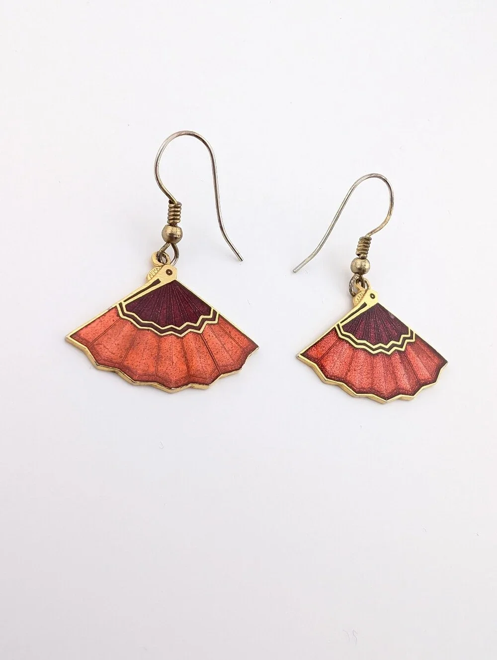 Vintage Cloisonne Fan Gold Earrings - Classic Estate Jewelry - Picture 3 of 6